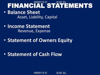 FINANCIAL STATEMENTS
• Balance Sheet
• Income Statement
• Statement of Owners Equity
• Statement of Cash Flow
Asset, Liability, Capital
Revenue, Expense
 
