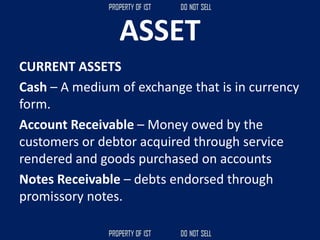 ASSET
CURRENT ASSETS
Cash – A medium of exchange that is in currency
form.
Account Receivable – Money owed by the
customers or debtor acquired through service
rendered and goods purchased on accounts
Notes Receivable – debts endorsed through
promissory notes.
 