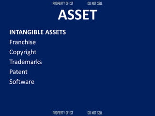 ASSET
INTANGIBLE ASSETS
Franchise
Copyright
Trademarks
Patent
Software
 