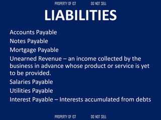 LIABILITIES
Accounts Payable
Notes Payable
Mortgage Payable
Unearned Revenue – an income collected by the
business in advance whose product or service is yet
to be provided.
Salaries Payable
Utilities Payable
Interest Payable – Interests accumulated from debts
 