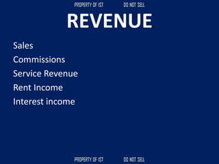 REVENUE
Sales
Commissions
Service Revenue
Rent Income
Interest income
 