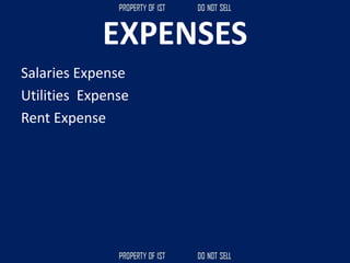EXPENSES
Salaries Expense
Utilities Expense
Rent Expense
 