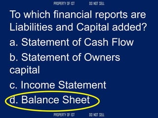 To which financial reports are
Liabilities and Capital added?
a. Statement of Cash Flow
b. Statement of Owners
capital
c. Income Statement
d. Balance Sheet
 