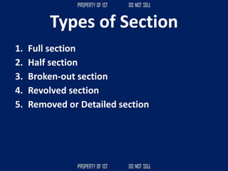 Types of Section
1. Full section
2. Half section
3. Broken-out section
4. Revolved section
5. Removed or Detailed section
 