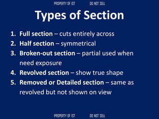 Types of Section
1. Full section – cuts entirely across
2. Half section – symmetrical
3. Broken-out section – partial used when
need exposure
4. Revolved section – show true shape
5. Removed or Detailed section – same as
revolved but not shown on view
 