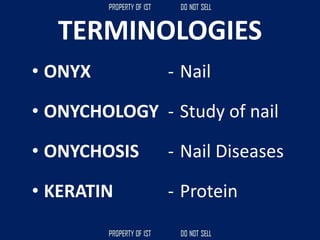 TERMINOLOGIES
• ONYX
• ONYCHOLOGY
• ONYCHOSIS
• KERATIN
- Nail
- Study of nail
- Nail Diseases
- Protein
 