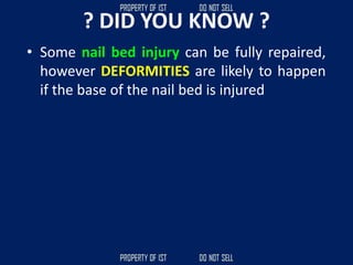 ? DID YOU KNOW ?
• Some nail bed injury can be fully repaired,
however DEFORMITIES are likely to happen
if the base of the nail bed is injured
 