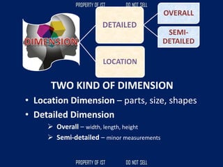 OVERALL
SEMI-
DETAILED
TWO KIND OF DIMENSION
• Location Dimension – parts, size, shapes
• Detailed Dimension
➢ Overall – width, length, height
➢ Semi-detailed – minor measurements
 