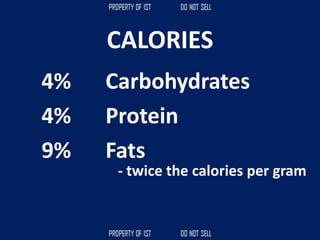 CALORIES
4% Carbohydrates
4% Protein
9% Fats
- twice the calories per gram
 