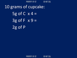 10 grams of cupcake:
5g of C x 4 =
3g of F x 9 =
2g of P
 