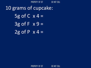 10 grams of cupcake:
5g of C x 4 =
3g of F x 9 =
2g of P x 4 =
 