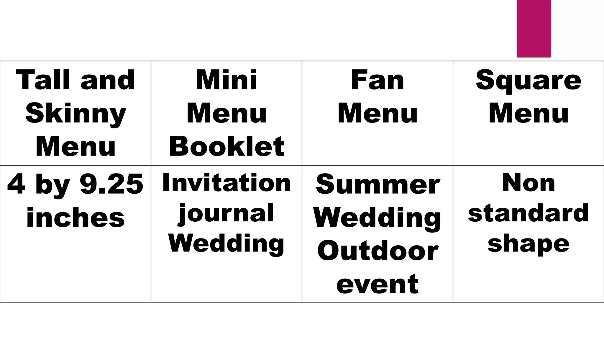 Tall and
Skinny
Menu
Mini
Menu
Booklet
Fan
Menu
Square
Menu
4 by 9.25
inches
Invitation
journal
Wedding
Summer
Wedding
Outdoor
event
Non
standard
shape