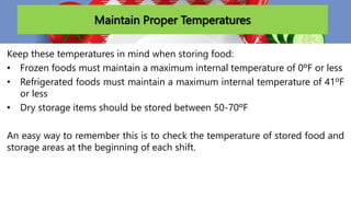 Maintain Proper Temperatures
Keep these temperatures in mind when storing food:
• Frozen foods must maintain a maximum internal temperature of 0ºF or less
• Refrigerated foods must maintain a maximum internal temperature of 41ºF
or less
• Dry storage items should be stored between 50-70ºF
An easy way to remember this is to check the temperature of stored food and
storage areas at the beginning of each shift.
 