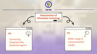 TLE 100
05
Characteristics of
Information Technology
Connecting
Geographically
dispersed regions.
04
Wider range of
communication
media.
 