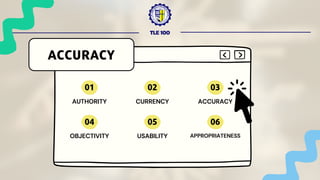 TLE 100
AUTHORITY
ACCURACY
01
CURRENCY
02
ACCURACY
03
OBJECTIVITY
04
USABILITY
05
APPROPRIATENESS
06
 