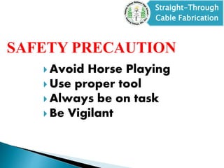 Straight-Through
Cable Fabrication
SAFETY PRECAUTION
 Avoid Horse Playing
 Use proper tool
 Always be on task
 Be Vigilant
 