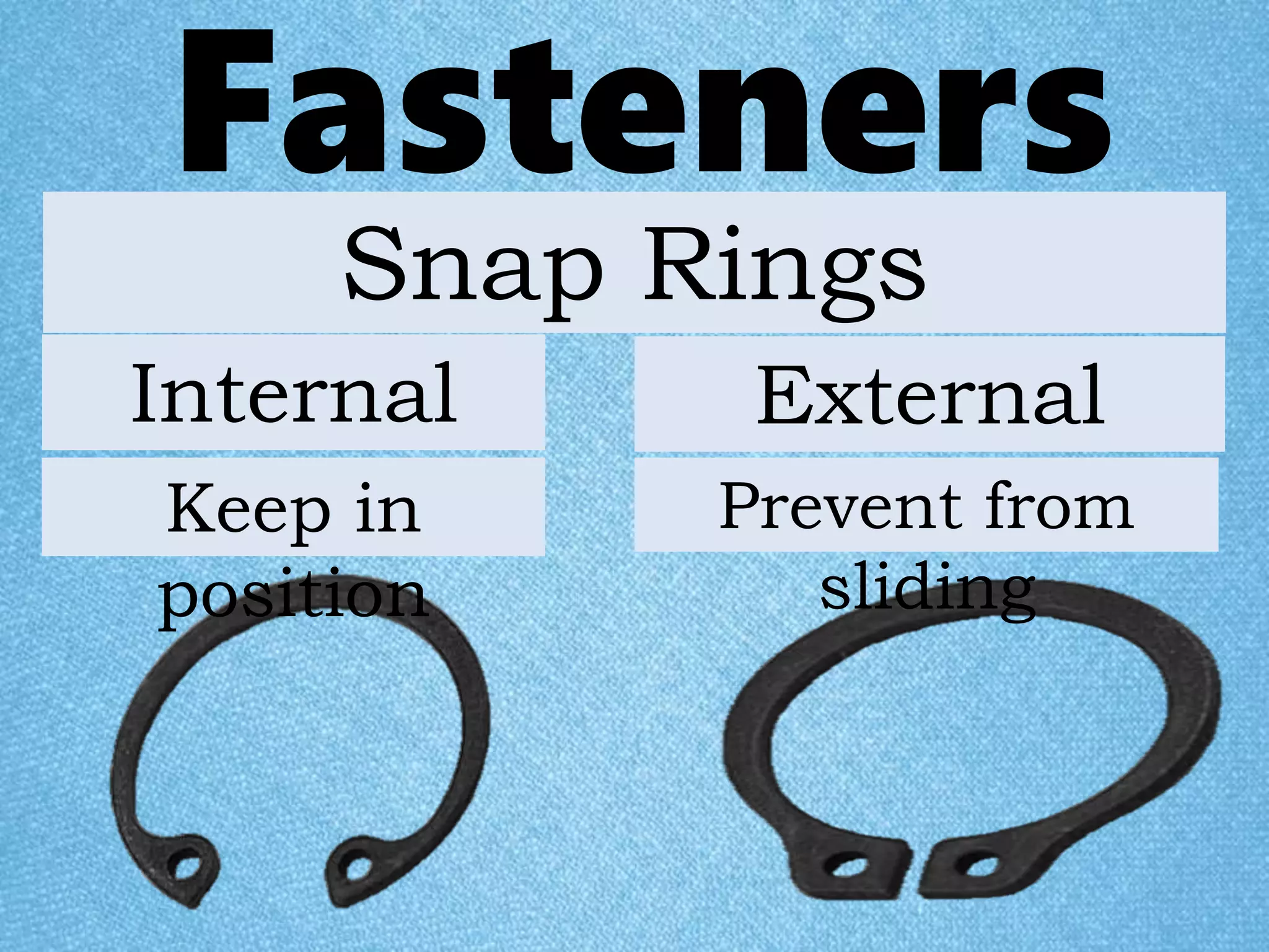 Fasteners
Internal
Snap Rings
External
Keep in
position
Prevent from
sliding
 