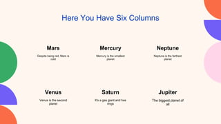 Here You Have Six Columns
Venus Saturn Jupiter
Mars Mercury Neptune
Despite being red, Mars is
cold
Mercury is the smallest
planet
Neptune is the farthest
planet
Venus is the second
planet
It’s a gas giant and has
rings
The biggest planet of
all
 
