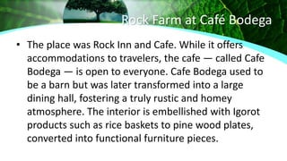 Rock Farm at Café Bodega
• The place was Rock Inn and Cafe. While it offers
accommodations to travelers, the cafe — called Cafe
Bodega — is open to everyone. Cafe Bodega used to
be a barn but was later transformed into a large
dining hall, fostering a truly rustic and homey
atmosphere. The interior is embellished with Igorot
products such as rice baskets to pine wood plates,
converted into functional furniture pieces.
 