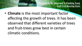 • Climate is the most important factor
affecting the growth of trees. It has been
observed that different varieties of trees
and fruit-trees grow best in certain
climatic conditions.
Elements To Be Observed In Planting Trees
And Fruit Bearing-trees
 