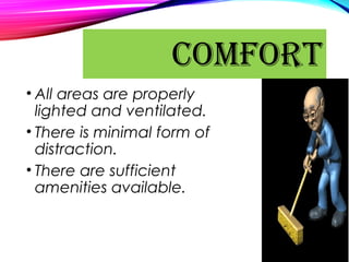 • All areas are properly
lighted and ventilated.
• There is minimal form of
distraction.
• There are sufficient
amenities available.
COMFORT
 