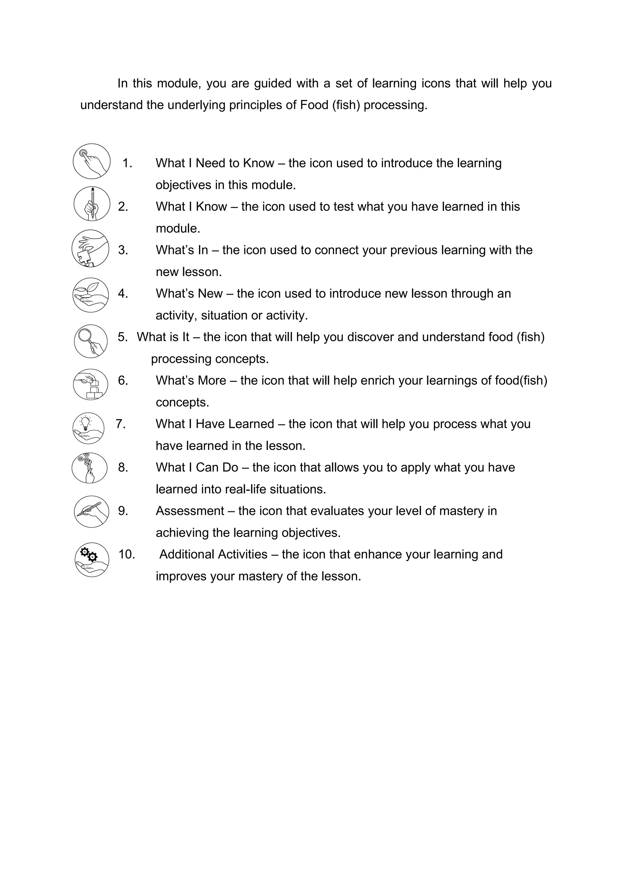 In this module, you are guided with a set of learning icons that will help you
understand the underlying principles of Food (fish) processing.
1. What I Need to Know – the icon used to introduce the learning
objectives in this module.
2. What I Know – the icon used to test what you have learned in this
module.
3. What’s In – the icon used to connect your previous learning with the
new lesson.
4. What’s New – the icon used to introduce new lesson through an
activity, situation or activity.
5. What is It – the icon that will help you discover and understand food (fish)
processing concepts.
6. What’s More – the icon that will help enrich your learnings of food(fish)
concepts.
7. What I Have Learned – the icon that will help you process what you
have learned in the lesson.
8. What I Can Do – the icon that allows you to apply what you have
learned into real-life situations.
9. Assessment – the icon that evaluates your level of mastery in
achieving the learning objectives.
10. Additional Activities – the icon that enhance your learning and
improves your mastery of the lesson.
 