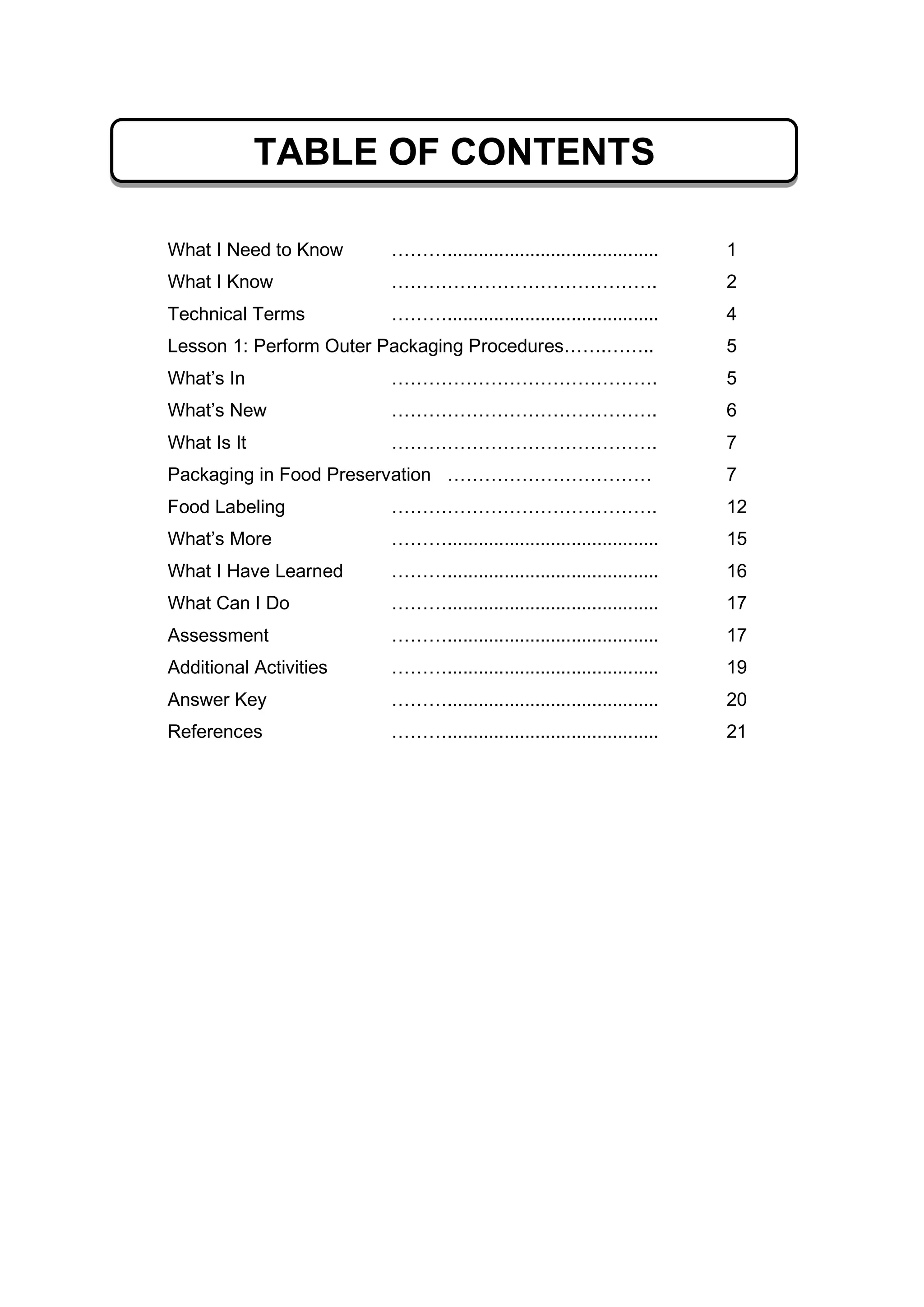 What I Need to Know ………......................................... 1
What I Know ……………………………………. 2
Technical Terms ………......................................... 4
Lesson 1: Perform Outer Packaging Procedures…….…….. 5
What’s In ……………………………………. 5
What’s New ……………………………………. 6
What Is It ……………………………………. 7
Packaging in Food Preservation …………………………… 7
Food Labeling ……………………………………. 12
What’s More ………......................................... 15
What I Have Learned ………......................................... 16
What Can I Do ………......................................... 17
Assessment ………......................................... 17
Additional Activities ………......................................... 19
Answer Key ………......................................... 20
References ………......................................... 21
TABLE OF CONTENTS
 