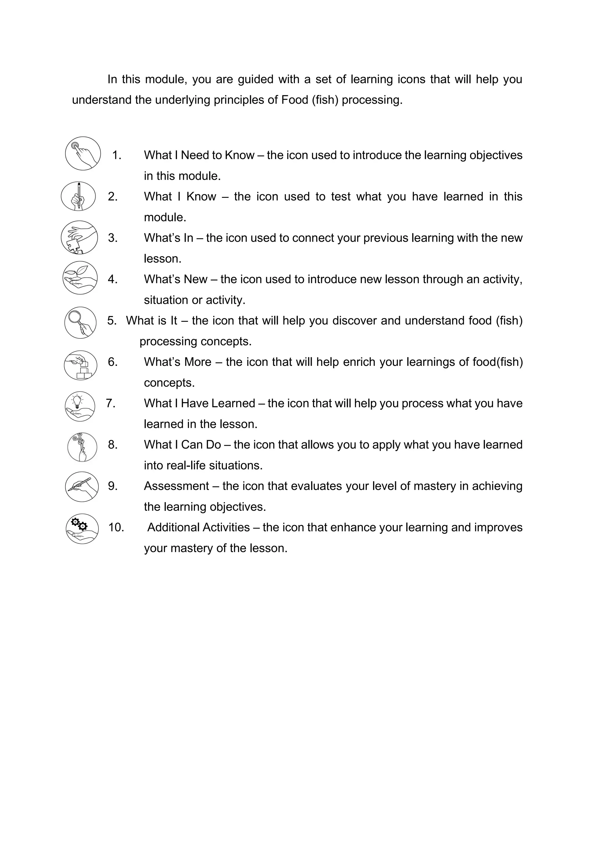 In this module, you are guided with a set of learning icons that will help you
understand the underlying principles of Food (fish) processing.
1. What I Need to Know – the icon used to introduce the learning objectives
in this module.
2. What I Know – the icon used to test what you have learned in this
module.
3. What’s In – the icon used to connect your previous learning with the new
lesson.
4. What’s New – the icon used to introduce new lesson through an activity,
situation or activity.
5. What is It – the icon that will help you discover and understand food (fish)
processing concepts.
6. What’s More – the icon that will help enrich your learnings of food(fish)
concepts.
7. What I Have Learned – the icon that will help you process what you have
learned in the lesson.
8. What I Can Do – the icon that allows you to apply what you have learned
into real-life situations.
9. Assessment – the icon that evaluates your level of mastery in achieving
the learning objectives.
10. Additional Activities – the icon that enhance your learning and improves
your mastery of the lesson.
 