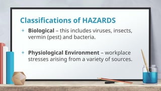 Classifications of HAZARDS
+ Biological – this includes viruses, insects,
vermin (pest) and bacteria.
+ Physiological Environment – workplace
stresses arising from a variety of sources.
7
 