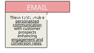 These tools enable
personalized
communication
with customer
prospects
enhancing
engagement and
conversion rates.
EMAIL
MARKETING
 