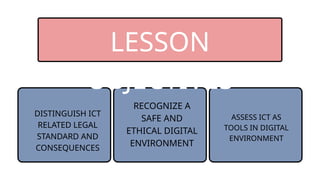 LESSON
OBJECTIVES
DISTINGUISH ICT
RELATED LEGAL
STANDARD AND
CONSEQUENCES
RECOGNIZE A
SAFE AND
ETHICAL DIGITAL
ENVIRONMENT
ASSESS ICT AS
TOOLS IN DIGITAL
ENVIRONMENT
 