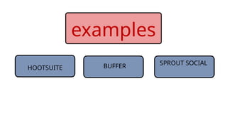 HOOTSUITE
examples
BUFFER SPROUT SOCIAL
 