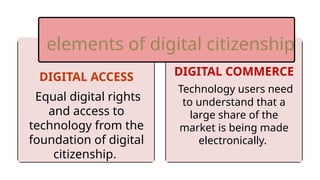 DIGITAL ACCESS
Equal digital rights
and access to
technology from the
foundation of digital
citizenship.
elements of digital citizenship
DIGITAL COMMERCE
Technology users need
to understand that a
large share of the
market is being made
electronically.
 