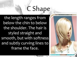 C Shape
the length ranges from
below the chin to below
the shoulder. The hair is
styled straight and
smooth, but with softness
and subtly curving lines to
frame the face.
 