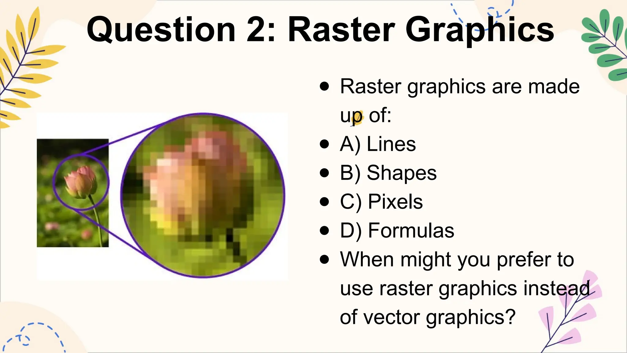 Question 2: Raster Graphics
● Raster graphics are made
up of:
● A) Lines
● B) Shapes
● C) Pixels
● D) Formulas
● When might you prefer to
use raster graphics instead
of vector graphics?
 