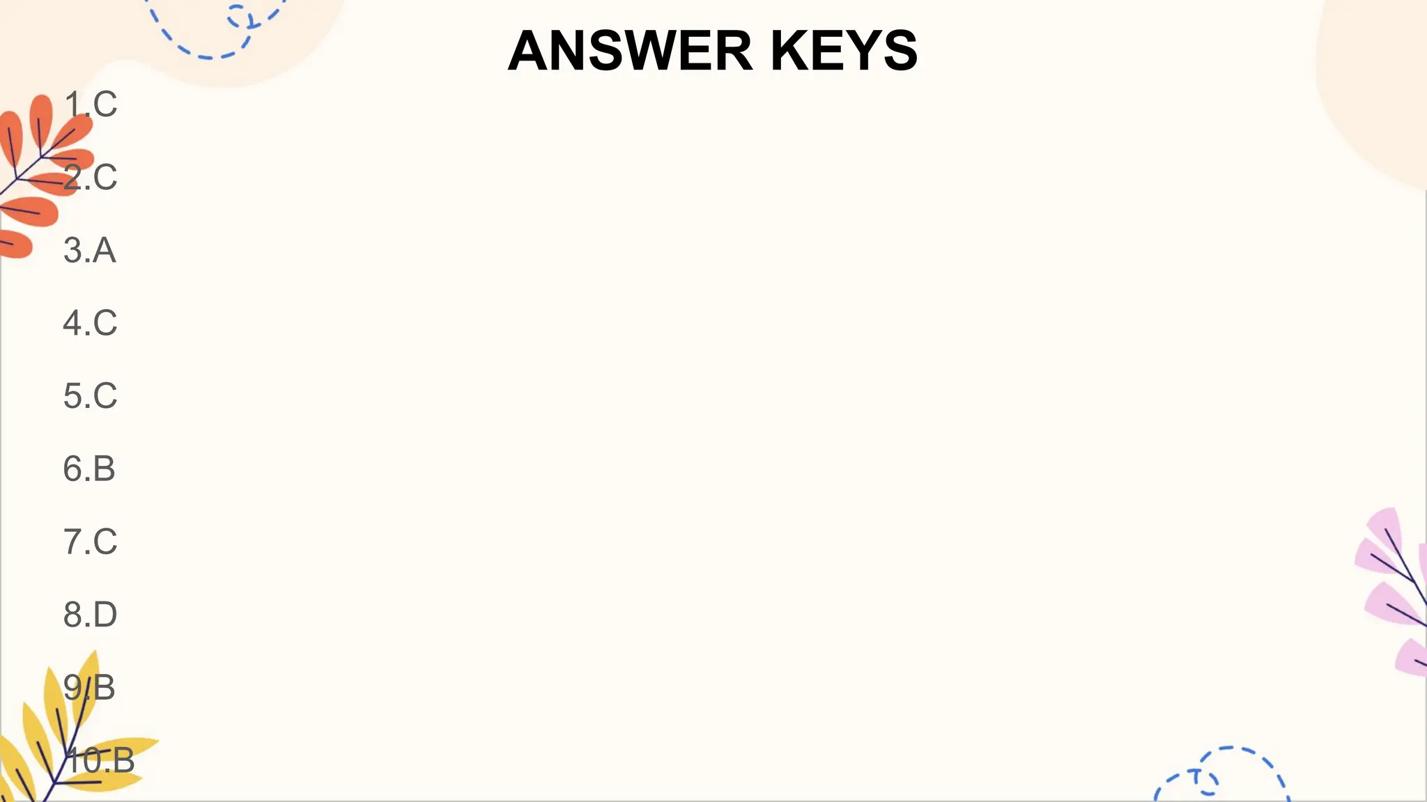 ANSWER KEYS
1.C
2.C
3.A
4.C
5.C
6.B
7.C
8.D
9.B
10.B
 