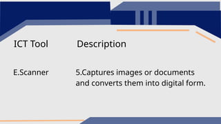 5.Captures images or documents
and converts them into digital form.
E.Scanner
ICT Tool Description
 