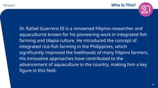 Who Is This?
41
Dr. Rafael Guerrero III is a renowned Filipino researcher and
aquaculturist known for his pioneering work in integrated fish
farming and tilapia culture. He introduced the concept of
integrated rice-fish farming in the Philippines, which
significantly improved the livelihoods of many Filipino farmers.
His innovative approaches have contributed to the
advancement of aquaculture in the country, making him a key
figure in this field.
 
