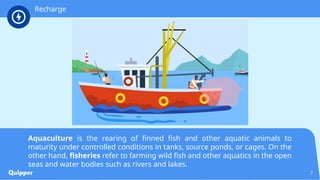 7
Aquaculture is the rearing of finned fish and other aquatic animals to
maturity under controlled conditions in tanks, source ponds, or cages. On the
other hand, fisheries refer to farming wild fish and other aquatics in the open
seas and water bodies such as rivers and lakes.
Recharge
 