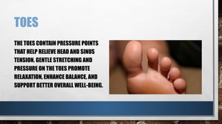 TOES
THE TOES CONTAIN PRESSURE POINTS
THAT HELP RELIEVE HEAD AND SINUS
TENSION. GENTLE STRETCHING AND
PRESSURE ON THE TOES PROMOTE
RELAXATION, ENHANCE BALANCE, AND
SUPPORT BETTER OVERALL WELL-BEING.
 