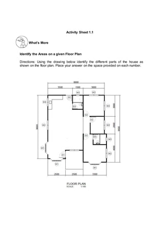 What’s More
Identify the Areas on a given Floor Plan
Directions: Using the drawing below identify the different parts of the house as
shown on the floor plan. Place your answer on the space provided on each number.
Activity Sheet 1.1
 