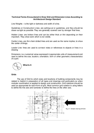 Technical Terms Encountered in Draw Grid and Dimension Lines According to
Architectural Design Standard
Line Weights – is the light or darkness and width of a line.
Guidelines or Construction Lines- are setting-out or guidelines, and they should be
drawn as light as possible. They are generally covered over by stronger final lines.
Hidden Lines- are broken lines and can be either thick or thin depending on their
important. They show work which is not visible.
Centre Lines- are thin chain dotted lines and are used as the name implies, to show
the center of things.
Leader Line- lines are used to connect notes or references to objects or lines in a
drawing
Dimension- is a numerical value expressed in appropriate units of measurement and
used to define the size, location, orientation, form or other geometric characteristics
of a part.
What Is It
Grids
The use of Grid to which sizes and locations of building components may be
related is helpful in preparation of all types and drawings and particularly so when
modular coordination is applied to design and construction. Grid rotations should be
used as appropriate for each form of grid. Most common grid rotation is using letters
to define the line axis and numerals to define the lines on the other axis.
Fig. 2.1. Sample draw ing with Grid
 