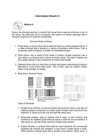 What Is It
Doors- the planned opening in a wall of the house that is used as entrance or exit in
the house. Its width vary as to its purpose, like exterior or interior openings with a
standard height of 2.10 meter for residentials.
Common Kinds of Doors
1. Panel Doors- a kind of door that is made of board on a wide exposed frame. It
is often provided with a design in a variety of partitions within frame. This is
commonly used an exterior or shutter for residential houses.
2. Flush Doors- this is made of thin sheet of veneer (usually plywood) over a
core wood, or a lawanit over a frame of lumber strips. This type is lighter and
less costly making it more convenient for indoor door shutter.
3. Kalamein Door- this is a thick door provided with sheet metal facing bonded or
attached to a kiln dried wood cores. This is often used as outdoor shutter
where more strength is needed.
4. Blind Door ( Summer Door)
Types of Windows
1. Double Hung Window- a kind of window that could be used in any type of
building except in industries. It is often made of wood, steel, aluminum and
kalamein. It opens up to the one and half the entire area.
2. Reversible window- type of window that is used in both industry and
residence. Its material could either be wood or steel as may be desired. It
also opens to one half of the size like a double hung window.
3. Austral Window- a window that could be used industrial and commercial
buildings like schools and hospitals. It may come in either wood or steel.
When closed it exactly looks like a double hung window. When open, it
Information Sheet 4.1
Fig. 4.1. Sample draw ing on different
symbols and terminologies on
dimensioning.
 