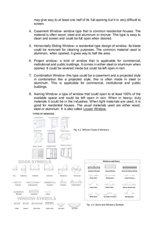 may give way to at least one half of its full opening but it is very difficult to
screen.
4. Casement Window- window type that is common residential houses. The
material is often wood, steel and aluminum or bronze. This type is easy to
clean and screen and could be full open when desired.
5. Horizontally Sliding Window- a residential type design of window. Its blade
could be removed for cleaning purposes. The common material used is
aluminum, when opened, it gives way to half the area.
6. Project window- a kind of window that is applicable for commercial,
institutional and public buildings. It comes in either steel or aluminum when
opened. It could be severed inside but could be left open in rain.
7. Combination Window- this type could be a casement and a projected style
in combination like a projected style, this is often made in steel or
aluminum. This is applicable for commercial, institutional and public
buildings.
8. Awning Window- a type of window that could open to at least 100% of the
available space and could be left open in rain. When in heavy- duty
materials it could be in the industries. When light materials are used, it is
good for residential houses. The usual materials used are either wood,
steel or aluminum. It is also called Louver Window.
Fig. 4.2. Different Types of Window s
Fig. 4.3. Doors and Window s Symbols
 