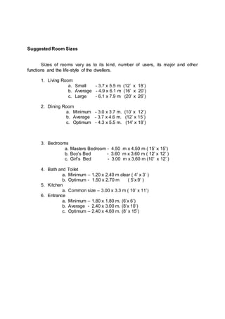 Suggested Room Sizes
Sizes of rooms vary as to its kind, number of users, its major and other
functions and the life-style of the dwellers.
1. Living Room
a. Small - 3.7 x 5.5 m (12’ x 18’)
b. Average - 4.9 x 6.1 m (16’ x 20’)
c. Large - 6.1 x 7.9 m (20’ x 26’)
2. Dining Room
a. Minimum - 3.0 x 3.7 m. (10’ x 12’)
b. Average - 3.7 x 4.6 m. (12’ x 15’)
c. Optimum - 4.3 x 5.5 m. (14’ x 18’)
3. Bedrooms
a. Masters Bedroom - 4.50 m x 4.50 m ( 15’ x 15’)
b. Boy’s Bed - 3.60 m x 3.60 m ( 12’ x 12’ )
c. Girl’s Bed - 3.00 m x 3.60 m (10’ x 12’ )
4. Bath and Toilet
a. Minimum – 1.20 x 2.40 m clear ( 4’ x 3’ )
b. Optimum - 1.50 x 2.70 m ( 5’x 9’ )
5. Kitchen
a. Common size – 3.00 x 3.3 m ( 10’ x 11’)
6. Entrance
a. Minimum – 1.80 x 1.80 m. (6’x 6’)
b. Average - 2.40 x 3.00 m. (8’x 10’)
c. Optimum – 2.40 x 4.60 m. (8’ x 15’)
 