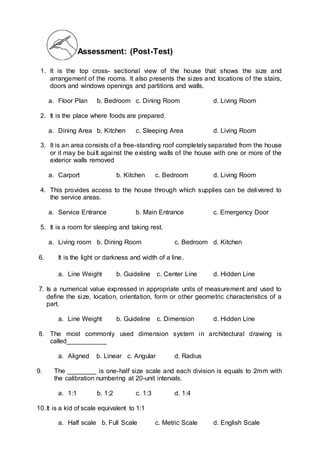 Assessment: (Post-Test)
1. It is the top cross- sectional view of the house that shows the size and
arrangement of the rooms. It also presents the sizes and locations of the stairs,
doors and windows openings and partitions and walls.
a. Floor Plan b. Bedroom c. Dining Room d. Living Room
2. It is the place where foods are prepared.
a. Dining Area b. Kitchen c. Sleeping Area d. Living Room
3. It is an area consists of a free-standing roof completely separated from the house
or it may be built against the existing walls of the house with one or more of the
exterior walls removed
a. Carport b. Kitchen c. Bedroom d. Living Room
4. This provides access to the house through which supplies can be delivered to
the service areas.
a. Service Entrance b. Main Entrance c. Emergency Door
5. It is a room for sleeping and taking rest.
a. Living room b. Dining Room c. Bedroom d. Kitchen
6. It is the light or darkness and width of a line.
a. Line Weight b. Guideline c. Center Line d. Hidden Line
7. Is a numerical value expressed in appropriate units of measurement and used to
define the size, location, orientation, form or other geometric characteristics of a
part.
a. Line Weight b. Guideline c. Dimension d. Hidden Line
8. The most commonly used dimension system in architectural drawing is
called___________
a. Aligned b. Linear c. Angular d. Radius
9. The ________ is one-half size scale and each division is equals to 2mm with
the calibration numbering at 20-unit intervals.
a. 1:1 b. 1:2 c. 1:3 d. 1:4
10.It is a kid of scale equivalent to 1:1
a. Half scale b. Full Scale c. Metric Scale d. English Scale
 