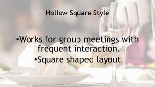 Hollow Square Style
•Works for group meetings with
frequent interaction.
•Square shaped layout
 