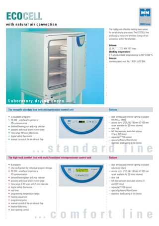 ECOCELL_A

F.R.Z.
CMYK

F.R.Z.
CMYK

ECOCELL
wi t h n a t u ra l a i r c o n v e c t i o n
The highly cost-effective heating oven series
for simple drying processes. The ECOCELL-line
produces no noise and provides a very soft air
convection within the chamber.
Volume:
22, 55, 111, 222, 404, 707 litres
Working temperature:
5 °C above ambient temperature up to 250 °C/300 °C
Interior:
stainless steel, mat. No. 1.4301 (AISI 304)

Laboratory drying ovens
The versatile standard line with microprocessor control unit

Options

• 3 adjustable programs
• RS 232 – interface for printer or
PC-communication
• delayed heating start and stop function
• acoustic and visual alarm in erorr state
• time range 99 hours 59 minutes
• digital safety thermostat
• manual control of the air exhaust flap

– door window and interior lighting (excluded
volume 22 litres)
– access ports ∅ 25, 50, 100 mm (∅ 100 mm
is not available for 22-litres volume)
– door lock
– left door versions (excluded volume
22 and 707 litres)
– separate PT 100-sensor
– special software WarmComm
– stainless steel casing of the device

…standard line
The high-tech comfort line with multi-functional microprocessor control unit

Options

• 6 programs
• chip card system for individual program storage
• RS 232 – interface for printer or
PC-communication
• delayed heating start and stop function
• acoustic and visual alarm in error state
• time range 0–40 years with 1 min-intervals
• digital safety thermostat
• real time
• programming temperature ramps
• heating sequences
• programme cycles
• manual control of the air exhaust flap
• keyboard blocking
• door opening control

– door window and interior lighting (excluded
volume 22 litres)
– access ports ∅ 25, 50, 100 mm (∅ 100 mm
is not available for 22-litres volume)
– door lock
– left door versions (excluded volume 22
and 707 litres)
– separate PT 100-sensor
– special software WarmComm
– stainless steel casing of the device

…comfort line

F.R.Z.

F.R.Z.
CMYK

CMYK

 