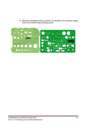 CONSUMER ELECTRONICS SERVICING 65
K to 12 – Technology and Livelihood Education
9. Electronic templates include symbols for electronic and electrical design
that can be traced using a drawing pencil.
 