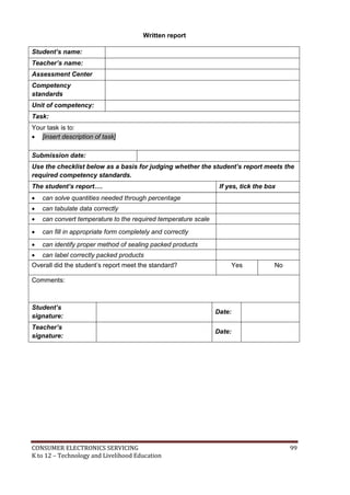 CONSUMER ELECTRONICS SERVICING 99
K to 12 – Technology and Livelihood Education
Written report
Student’s name:
Teacher’s name:
Assessment Center
Competency
standards
Unit of competency:
Task:
Your task is to:
 [insert description of task]
Submission date:
Use the checklist below as a basis for judging whether the student’s report meets the
required competency standards.
The student’s report…. If yes, tick the box
 can solve quantities needed through percentage
 can tabulate data correctly
 can convert temperature to the required temperature scale
 can fill in appropriate form completely and correctly
 can identify proper method of sealing packed products
 can label correctly packed products
Overall did the student’s report meet the standard? Yes No
Comments:
Student’s
signature:
Date:
Teacher’s
signature:
Date:
 